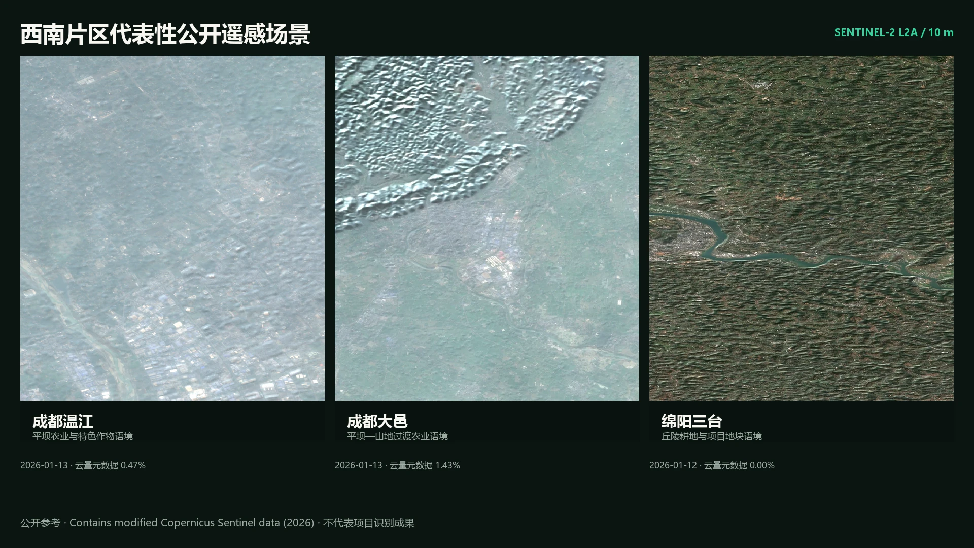温江、大邑和三台三个西南代表场景的Sentinel-2影像并列比较