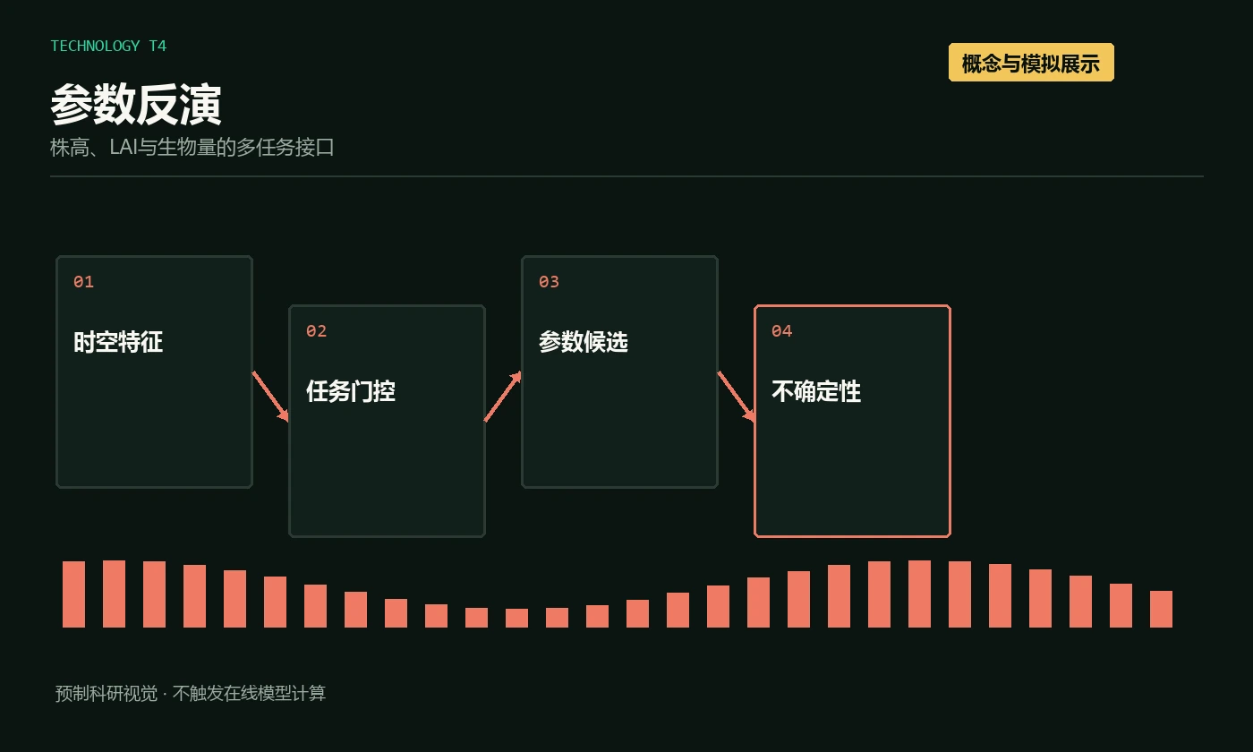 参数反演时空特征、任务门控、参数候选和不确定性流程